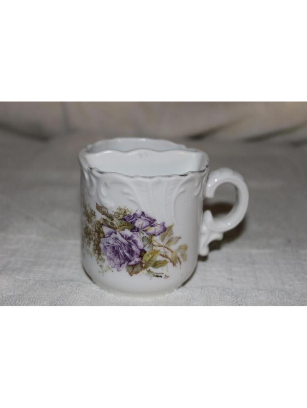 VINTAGE PORCELAIN MUSTACHE GUARD COFFEE MUG SCALLOPED RIM PURPLE ROSE